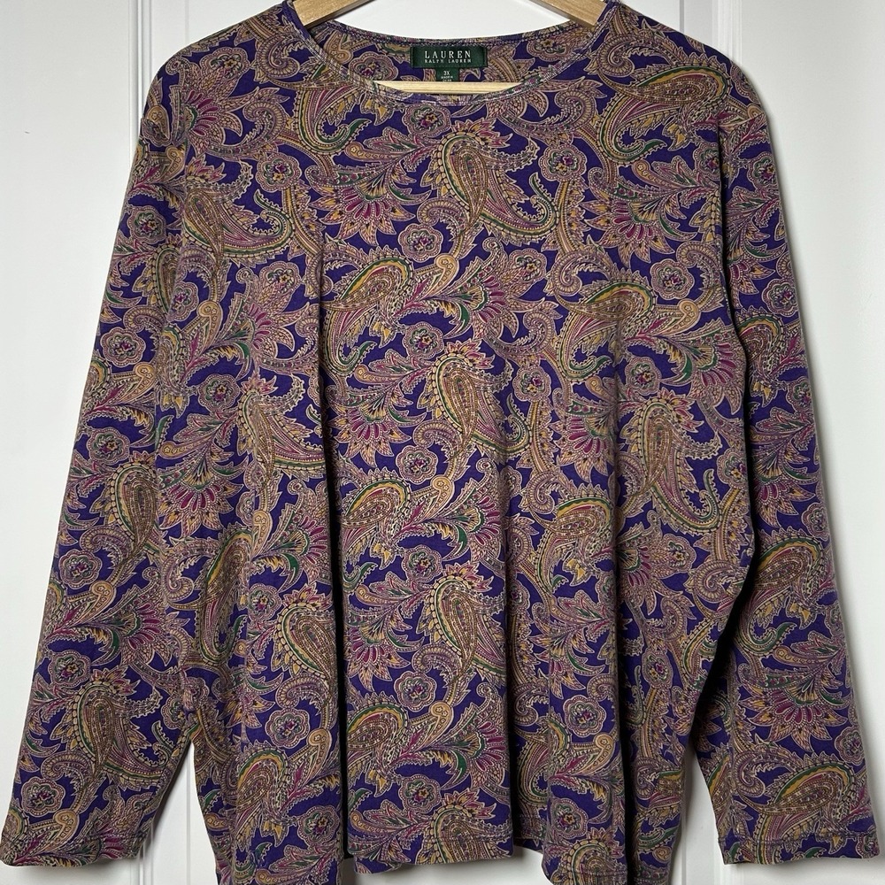Lauren Ralph Lauren 100% Cotton Purple Jewel Tone Paisley Print Long Sleeve Top